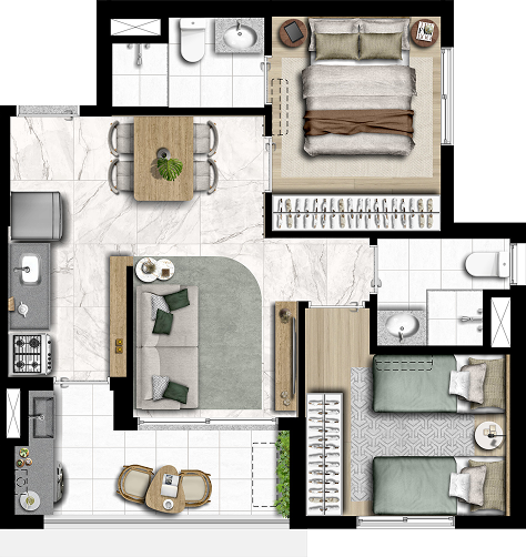Planta do apartamento de 49 m²